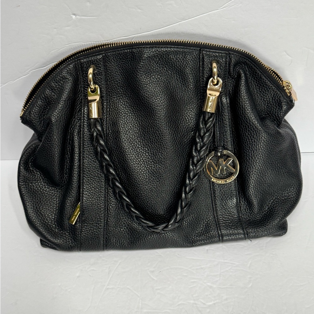 Michael Kors Black Leather Shoulder Bag with Gold Accents